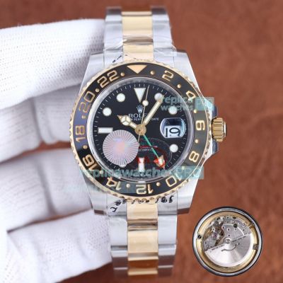 High Replica Rolex GMT-Master II  Watch Black Face 2-Tone Yellow Gold strap Black Ceramic Bezel  40mm